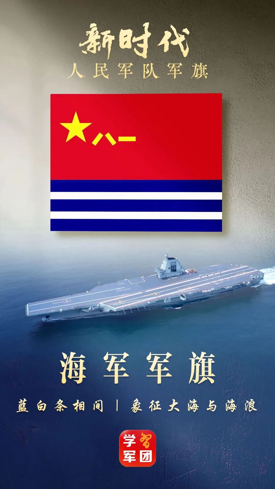 海军军旗:蓝白条相间旗面,象征大海与海浪