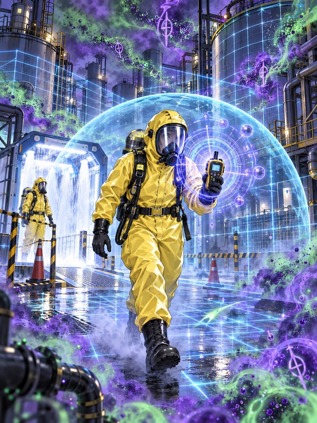 玄毒辨息术:身穿全封闭黄色防化服的队员进入工业区紫绿色雾气,手持检测仪,蓝紫扫描网、悬浮符文圆环和空气粒子轨迹把危险区域可视化,后方设有发光洗消通道