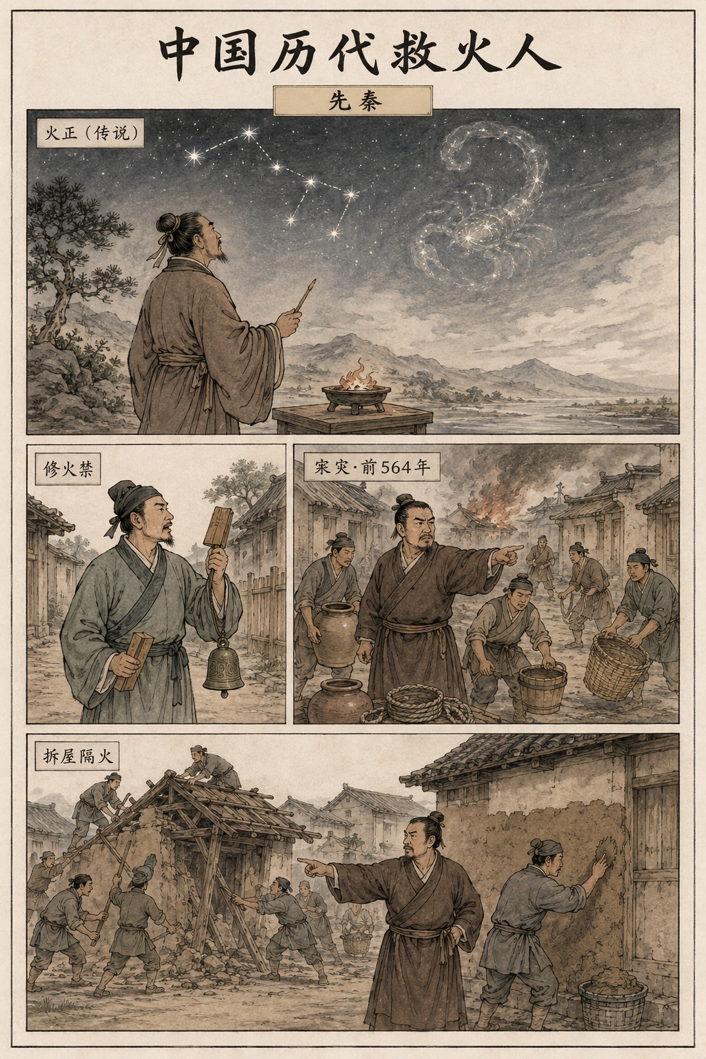 先秦救火人漫画：火正、木铎火禁、备水运土和拆屋隔火