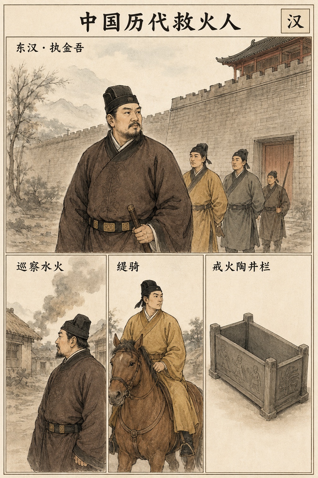 汉代救火人漫画：执金吾、缇骑和陶井栏戒火图像