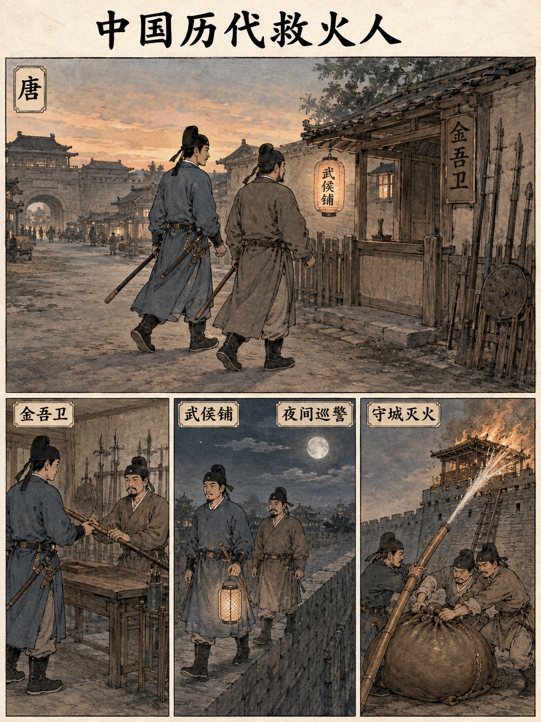 唐代救火人漫画：金吾卫、武候铺、巡夜与守城灭火器械