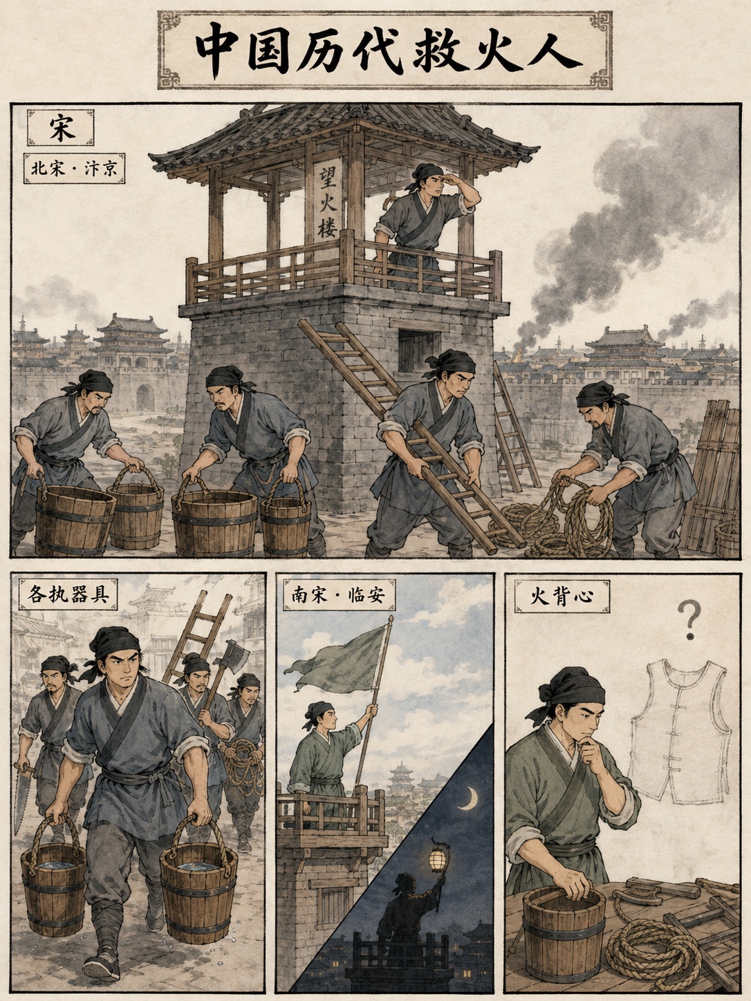 宋代救火人漫画：汴京望火楼、救火器具、临安旗灯和火背心