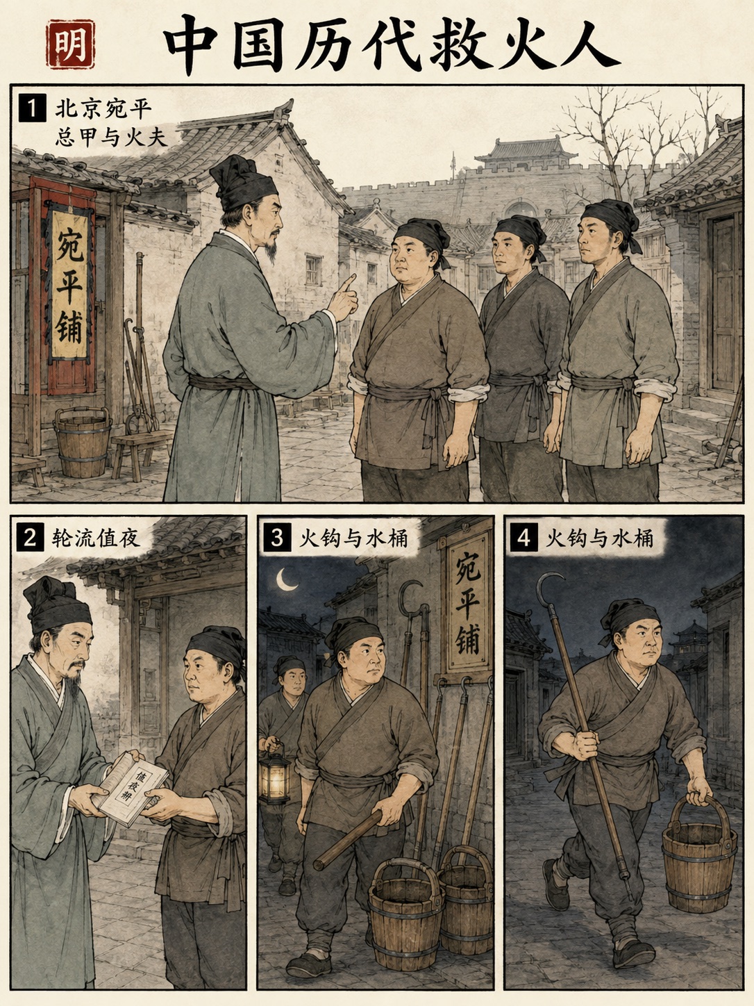 明代救火人漫画：宛平坊铺、铺头、火夫、总甲和救火器具