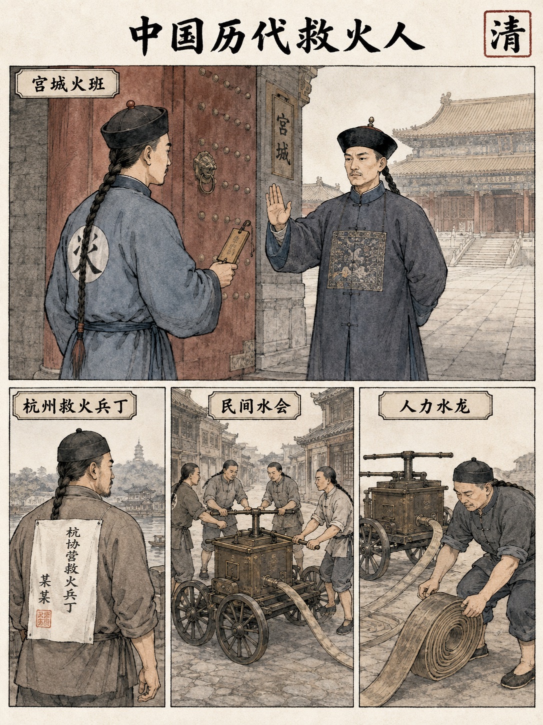 清代救火人漫画：宫城火班、杭州号衣、民间水会和人力水龙