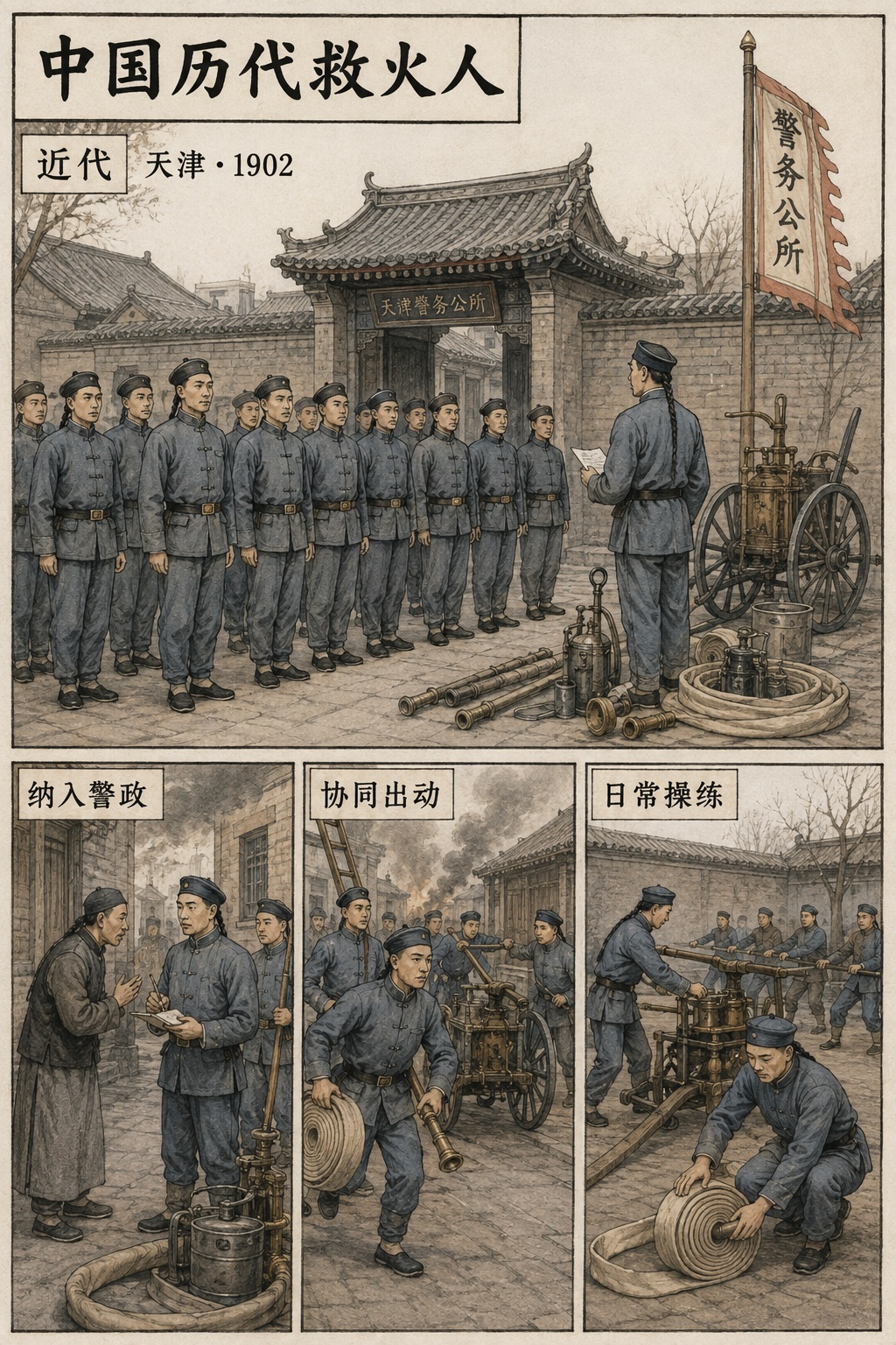 近代救火人漫画：1902年天津消防队、接报、出动和操练
