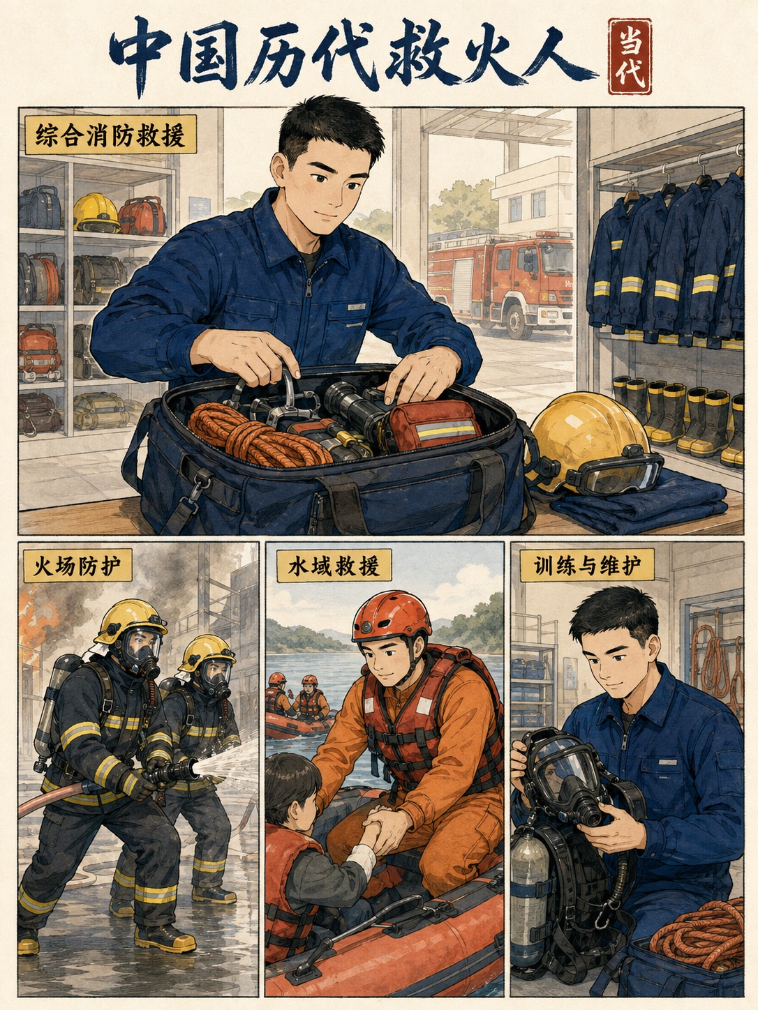 当代消防员漫画：火场灭火、水域救援、训练与装备维护
